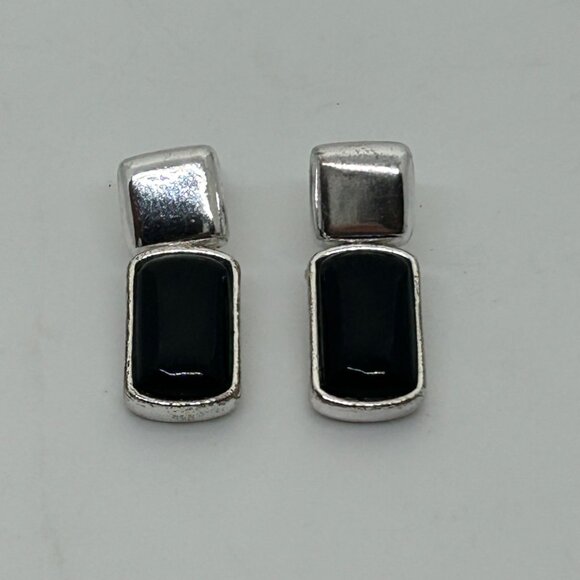 Liz Claiborne Vintage Silver-Tone Drop Earrings With Black Acrylic Rectangle Acc - Picture 10 of 11